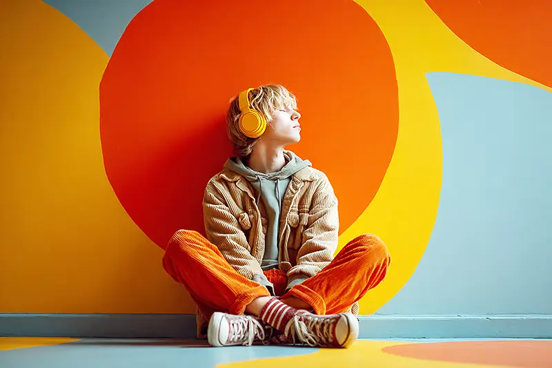 A person sitting on the floor with headphones on, not talking, just breathing.