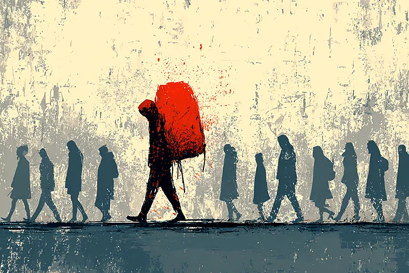 A lone figure carrying an oversized red backpack, while others walk with lighter loads
