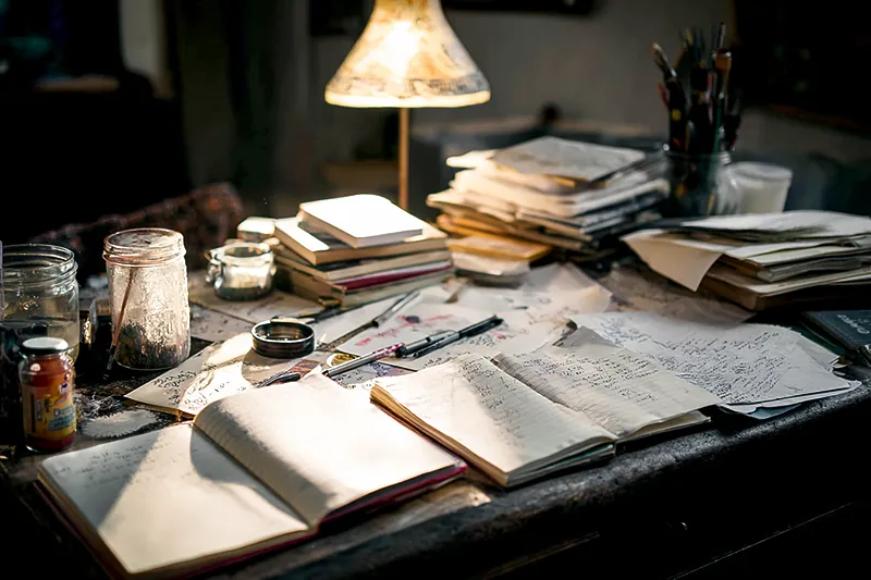 A desk scattered with notebooks, pens, and half-finished thoughts under soft light