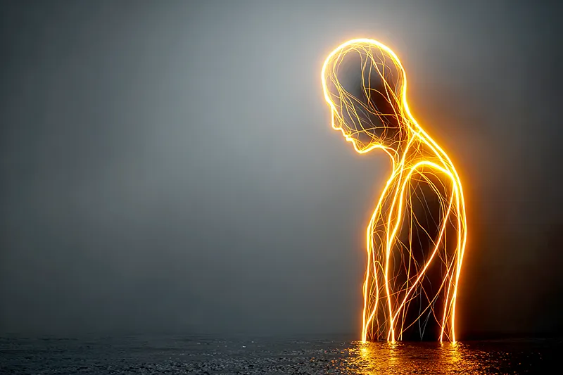 A silhouette of a figure with glowing lines tracing their body, symbolizing hidden memories within