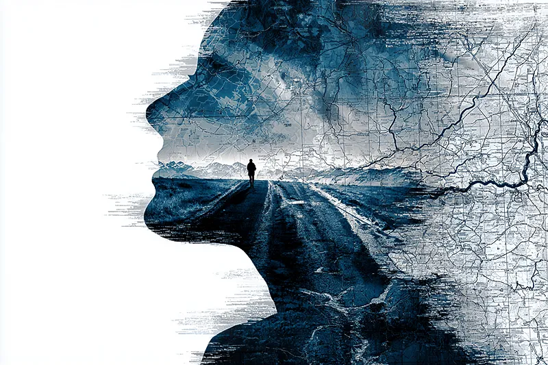 A human silhouette overlaid with a map and storm clouds, symbolizing the geography of mental health