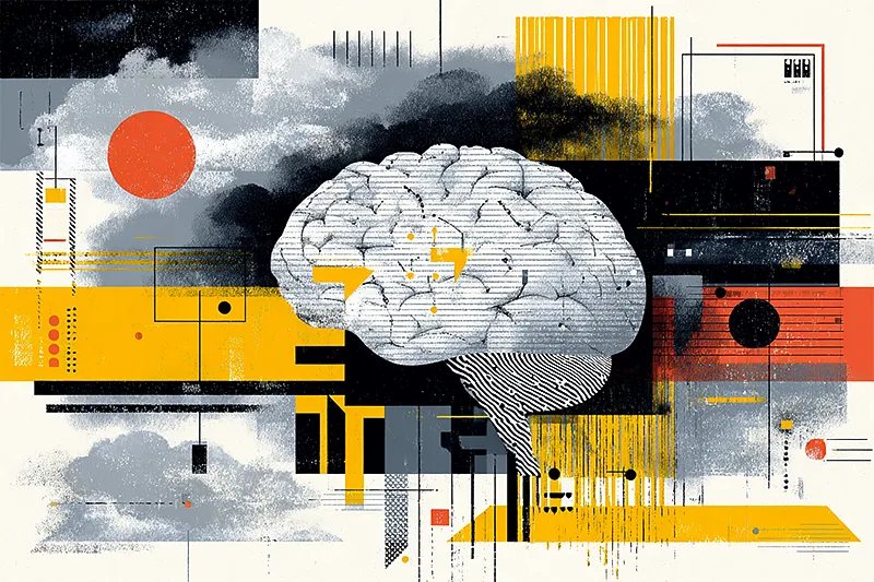 Abstract illustration of a brain as an open book with floating question marks and gentle light